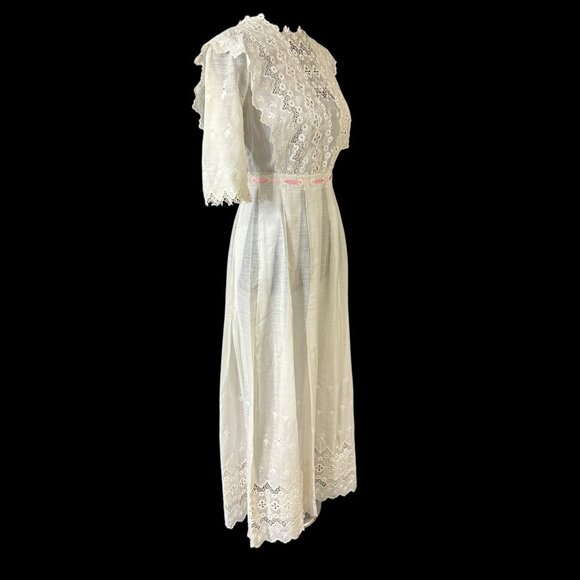 Edwardian White Cotton Voile or Lawn Summer Tea Dress Eyelet Lace Antique 1900s - Picture 4 of 14